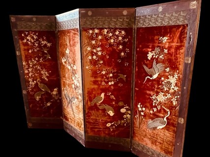 A Beautiful Japanese Meji Silk Screen ' Birds and Blossoms of Longevity ' Early 20th Century.