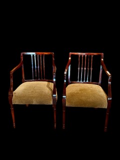 An English 18th Century George III Mahogany Arm Chairs upholstered in soft green Velvet.