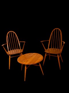 An English Set of Two Ercol Goldsmith Armchairs with Ercol Folding Coffee Table. Mid 20th Century. 